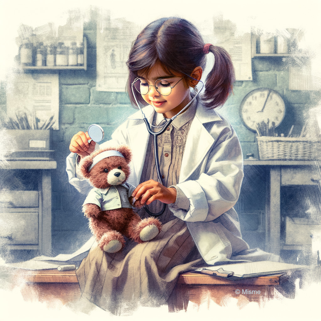 Young girl in lab coat examines teddy bear with stethoscope