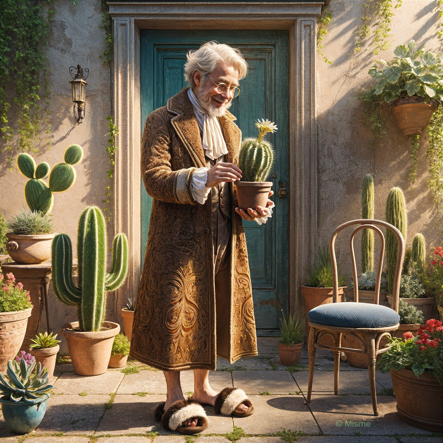 Elderly Man in Lush Garden with Potted Cactus