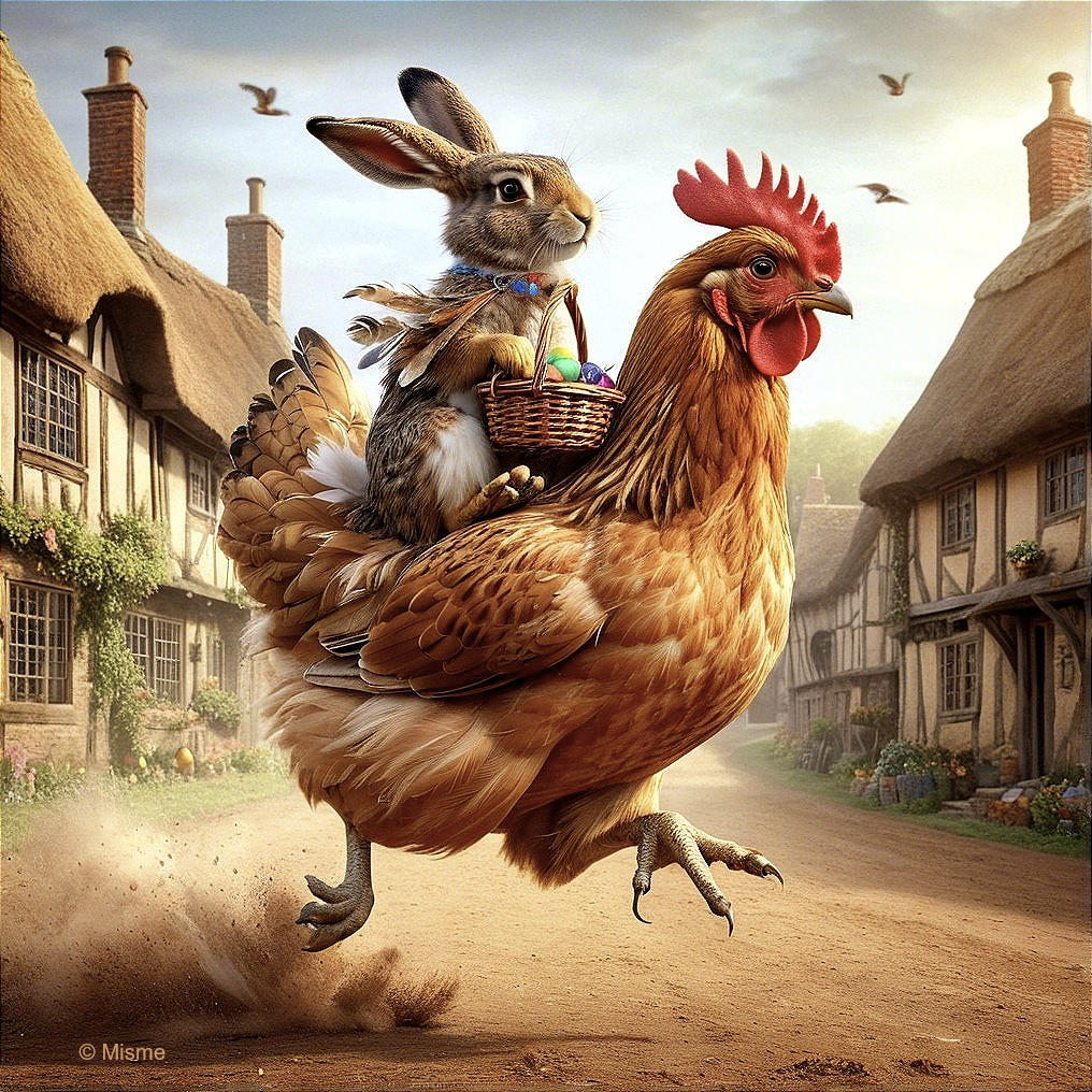 Whimsical Rabbit and Chicken in Village Scene