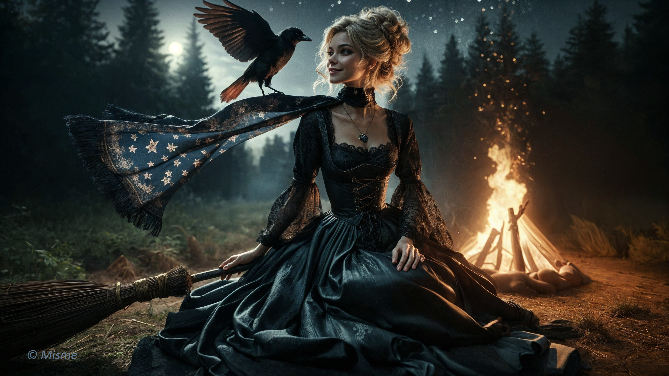 Mysterious Woman in Black Gown by Campfire in Forest