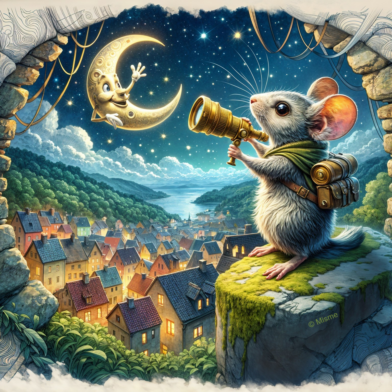 Mouse with Telescope Observing Whimsical Moon Scene