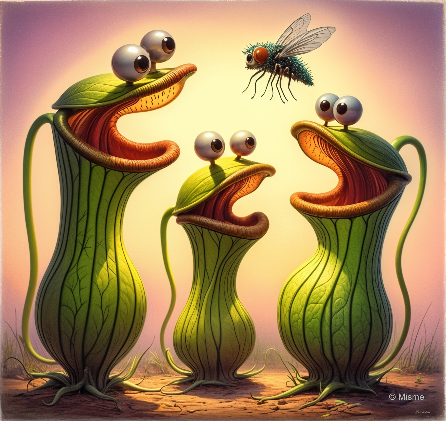 Cartoonish pitcher plants with googly eyes in sunlight