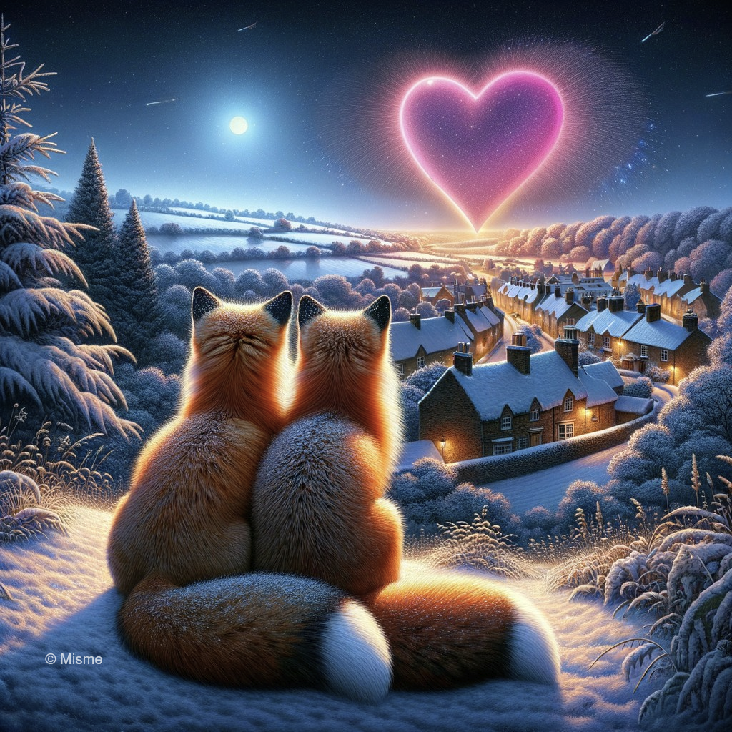 Foxes in Snowy Landscape Under Heart-Shaped Sky