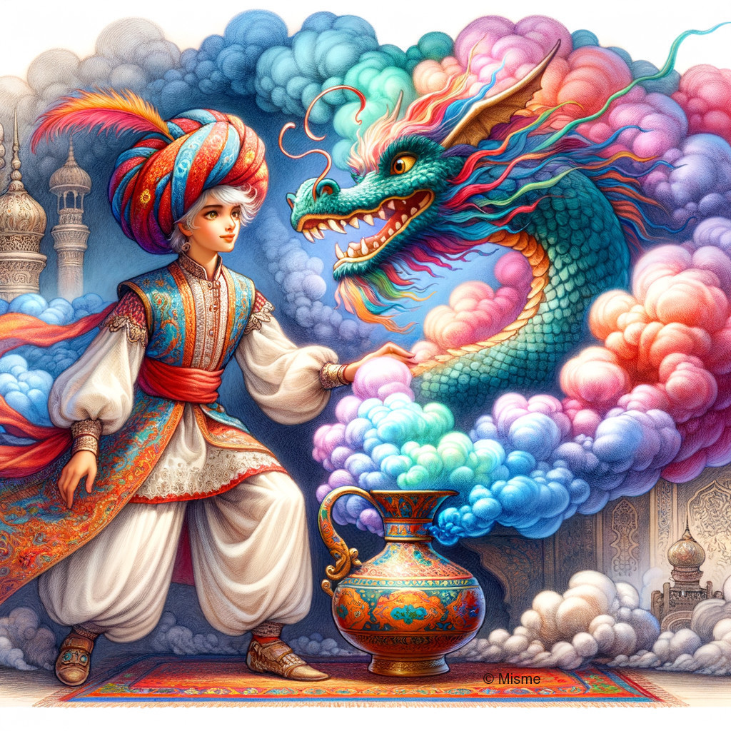 Young Boy in Colorful Attire Faces Majestic Dragon