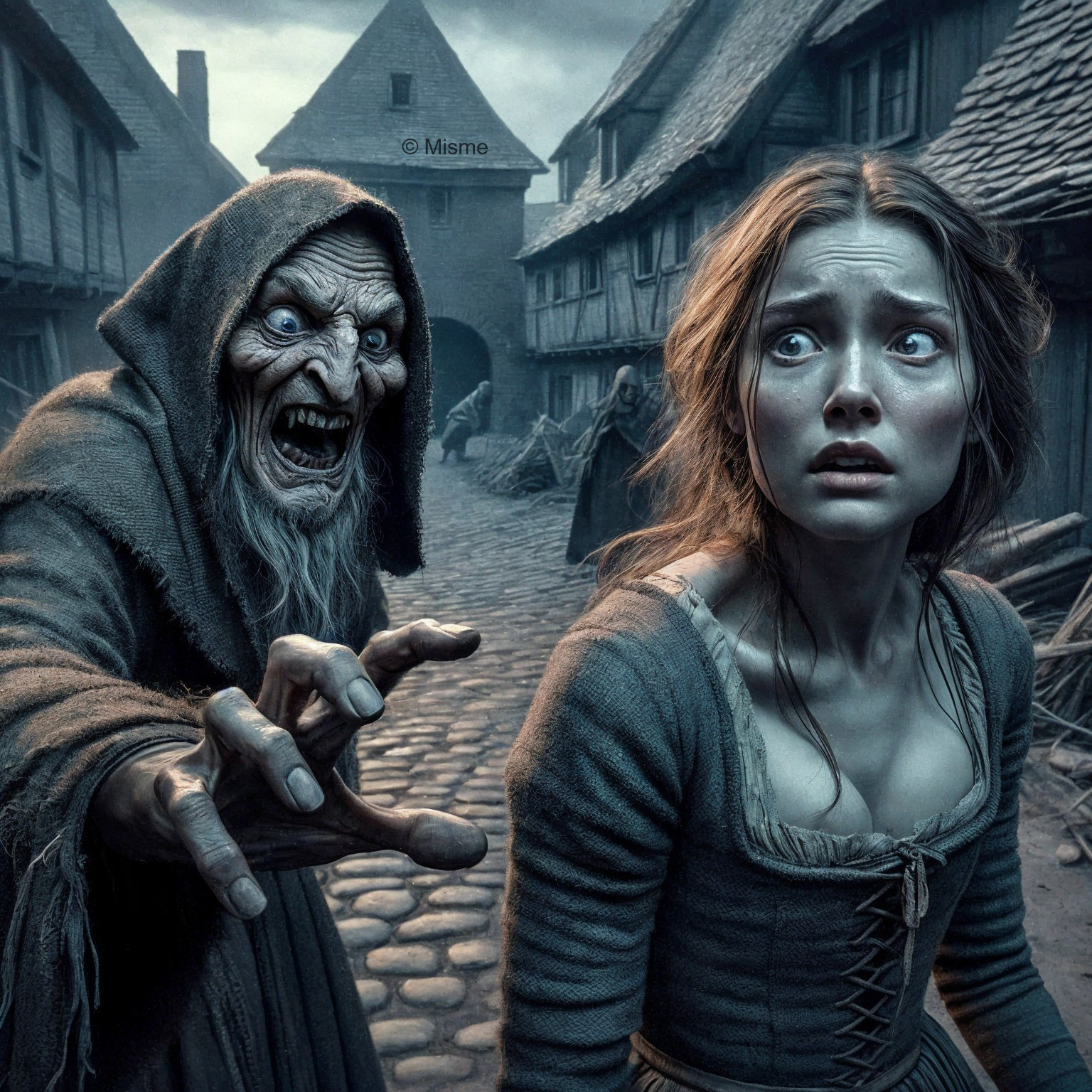 Eerie Village Scene with Terrified Woman and Shadowy Figure
