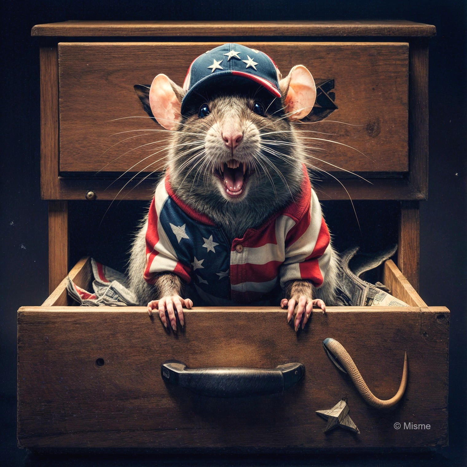 Patriotic Rat in Drawer of Cash with Playful Expression