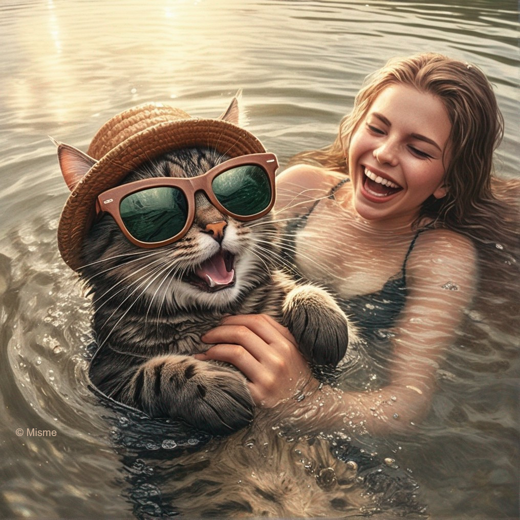 Cheerful girl and cat play in sunlit shallow water