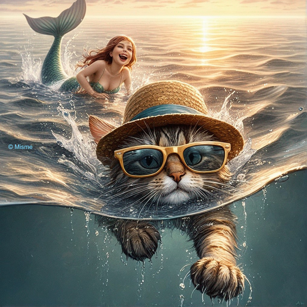 Whimsical Cat and Mermaid in Vibrant Ocean Scene
