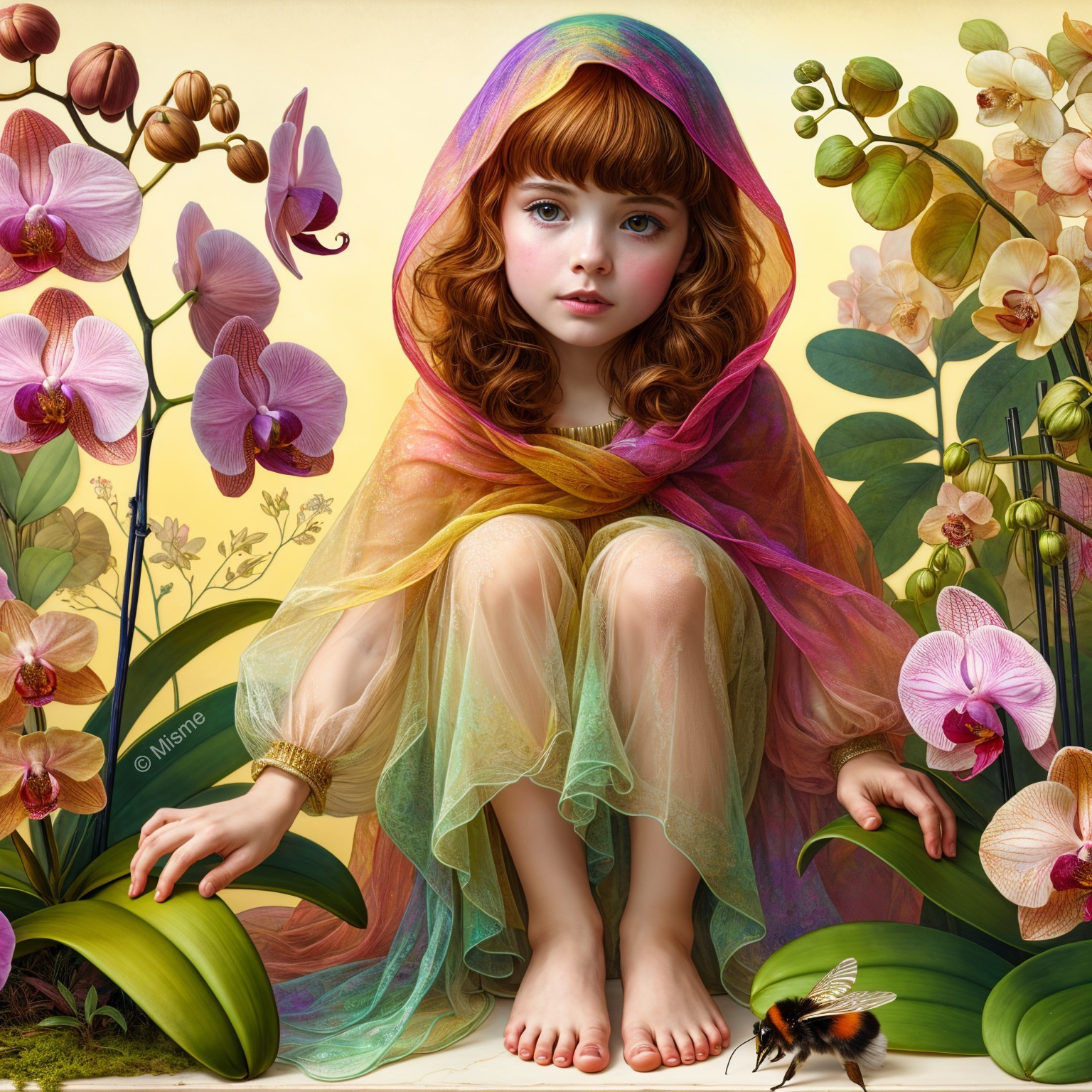 Young girl in rainbow shawl among vibrant orchids