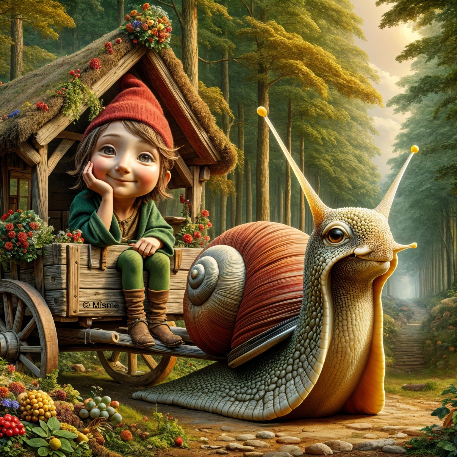 Child in Cart Pulled by Giant Snail in Forest Setting
