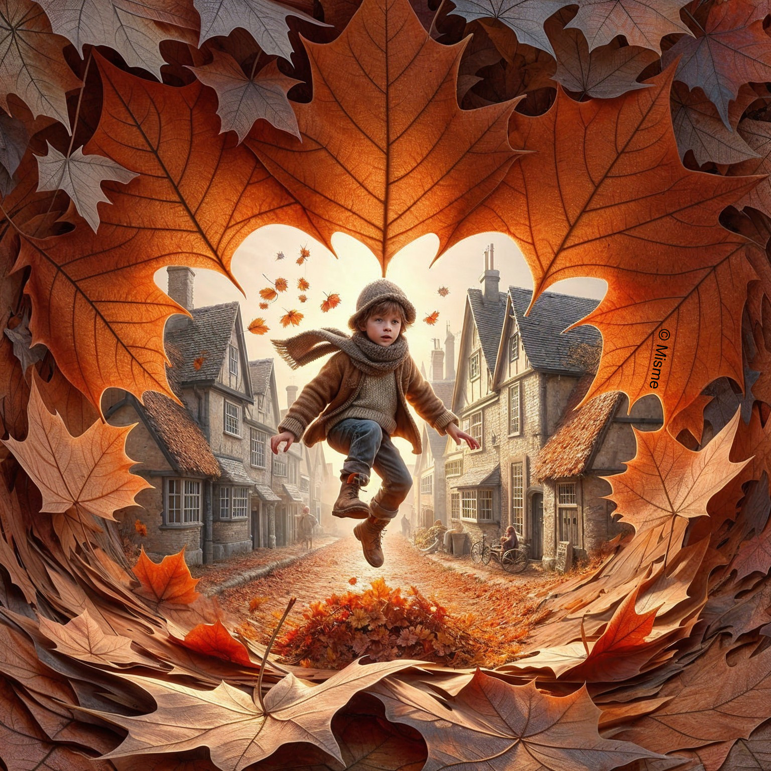 Whimsical Autumn Scene with Golden Leaves and Cottages