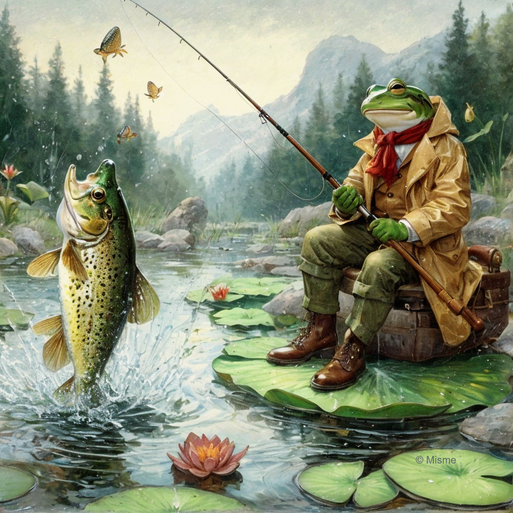 Whimsical Frog Fishing by a Tranquil Lake Scene