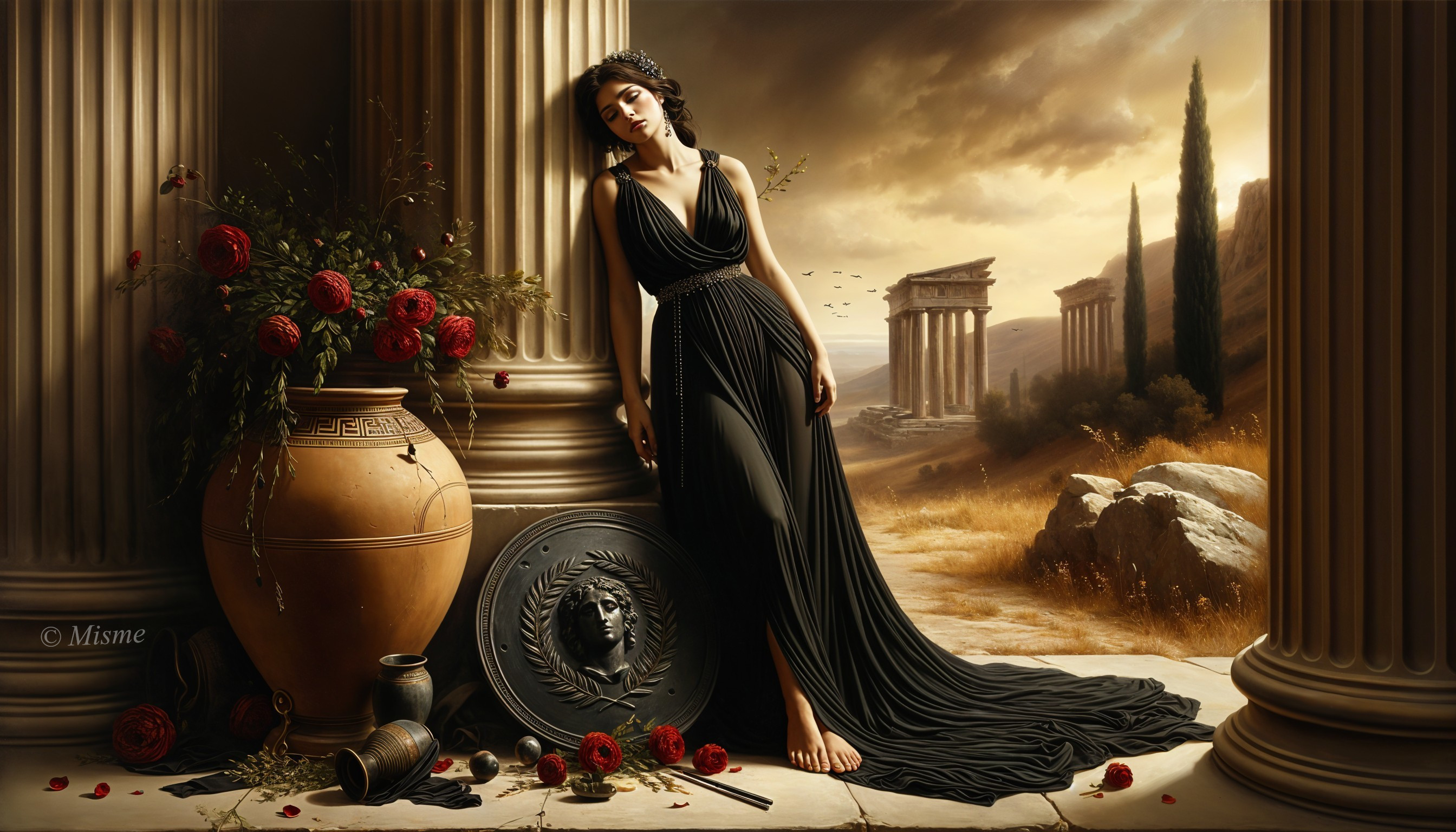 Elegant Woman in Black Gown Amidst Roses and Ruins