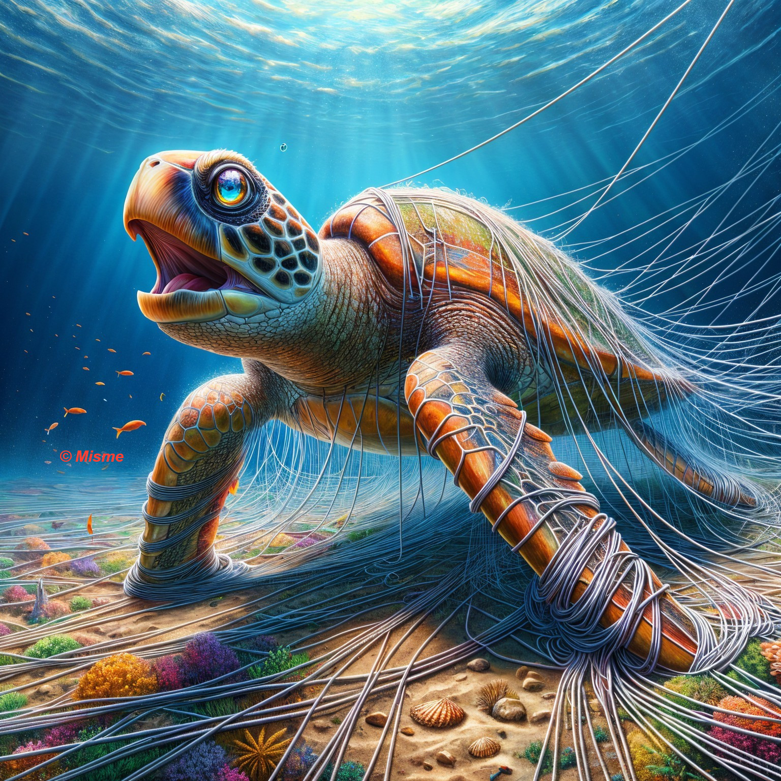 Underwater Scene of Sea Turtle Entangled in Debris