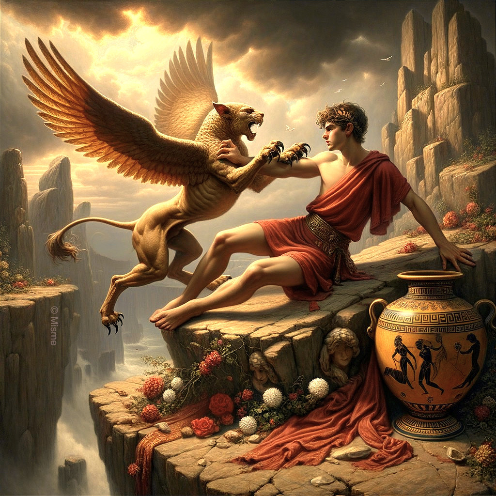 Young Hero and Griffin in Dramatic Landscape Scene