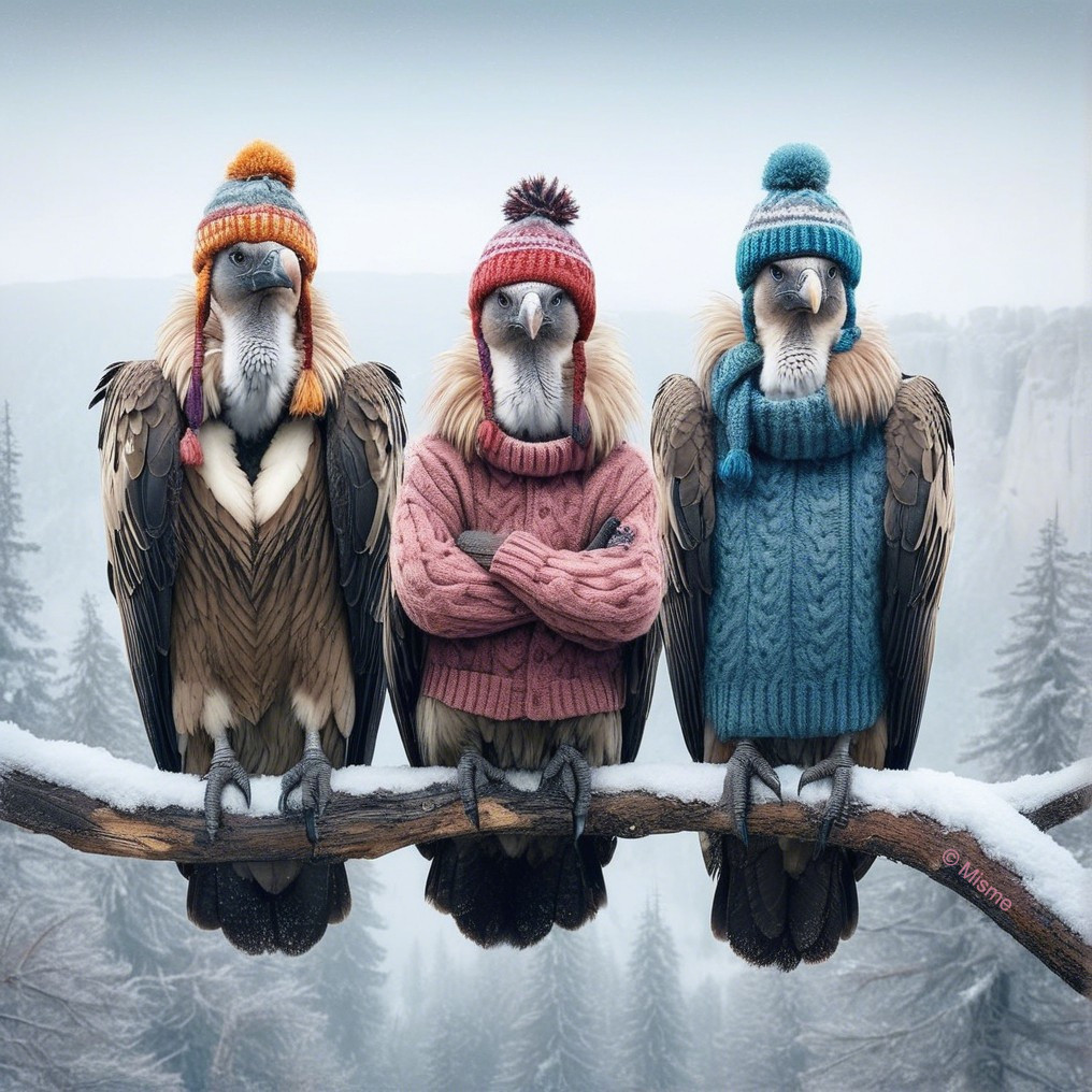 Stylized Vultures in Sweaters in Winter Landscape