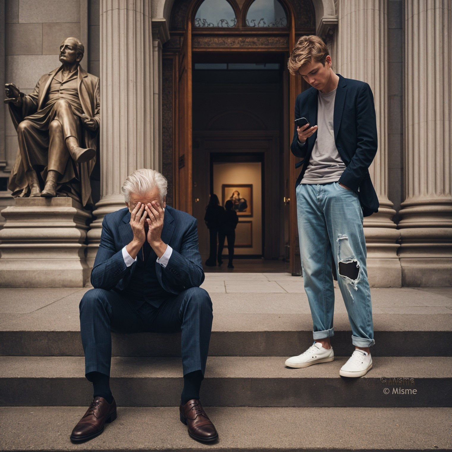 Older man in despair beside young man on phone