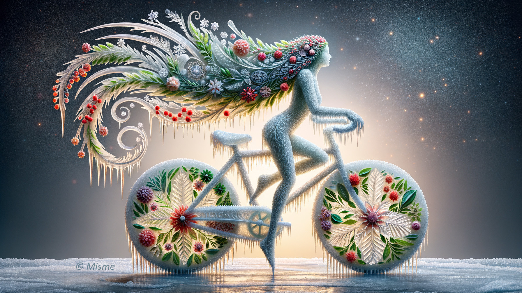 Ice Figure on Bicycle with Floral Designs and Glow