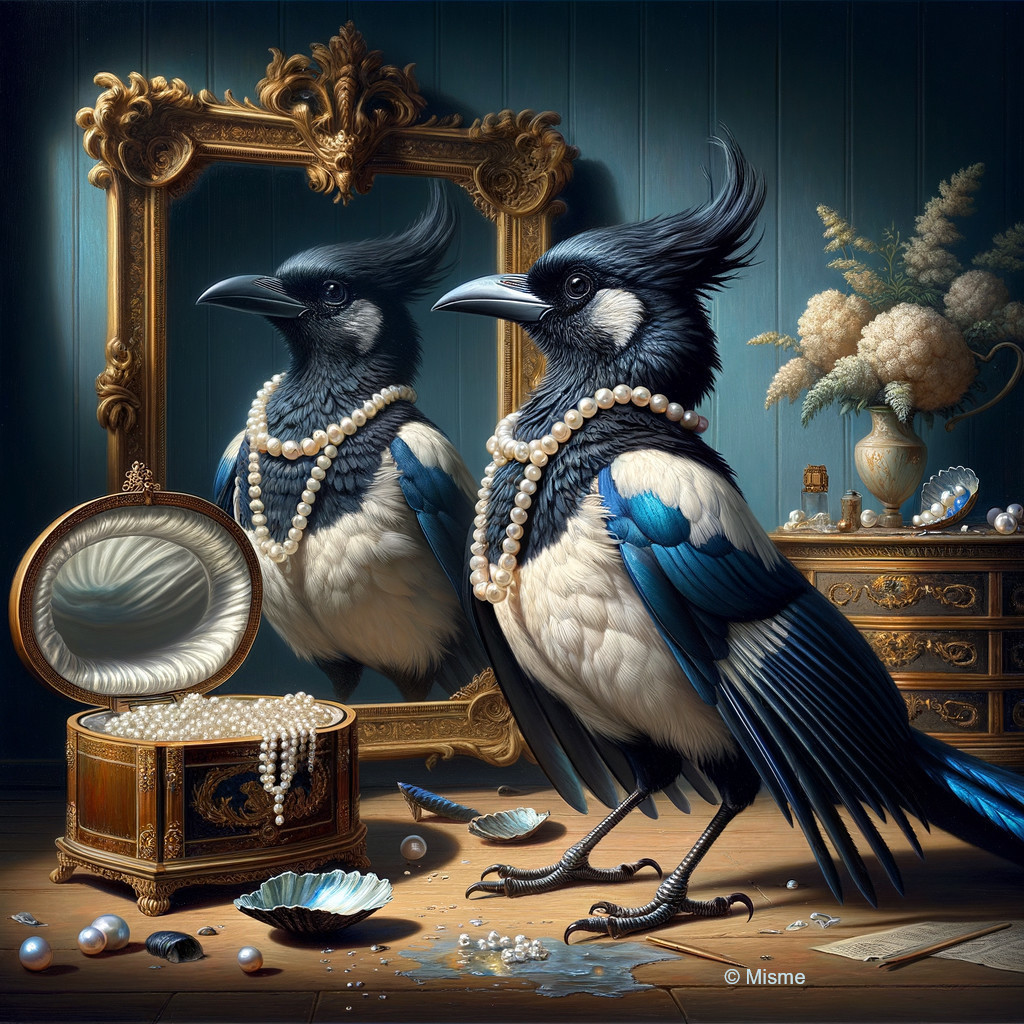 Blue Jay with Pearls in Elegant Room Setting