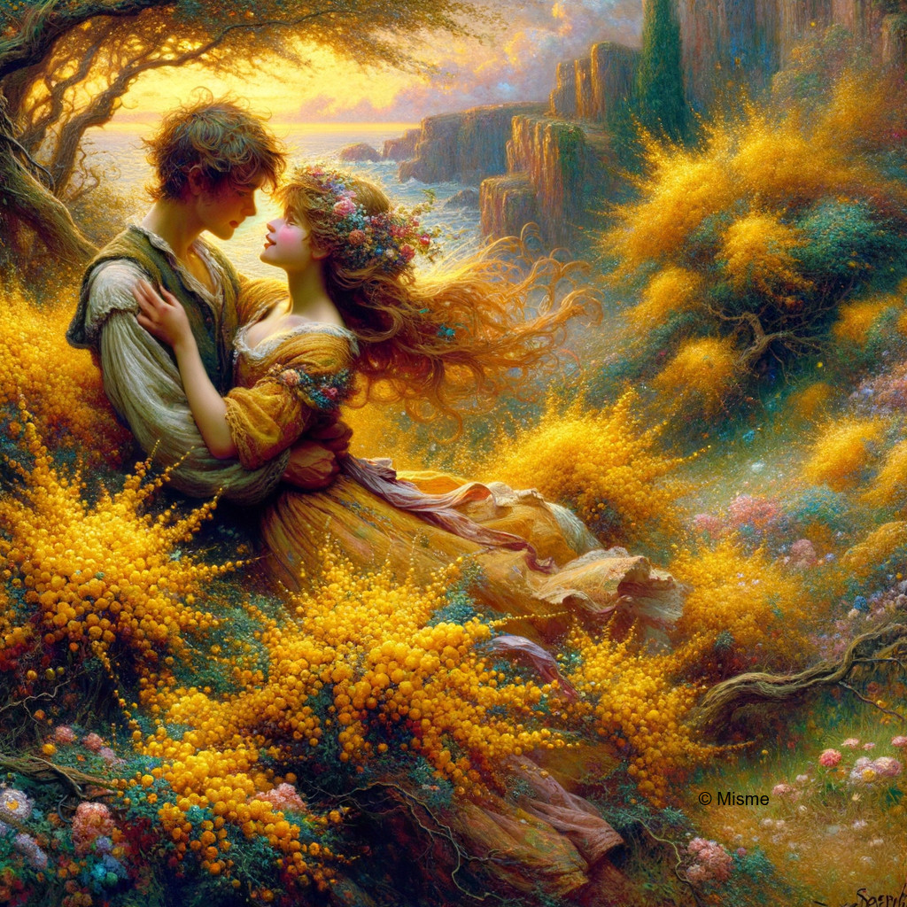 Couple Embracing in a Dreamlike Floral Landscape