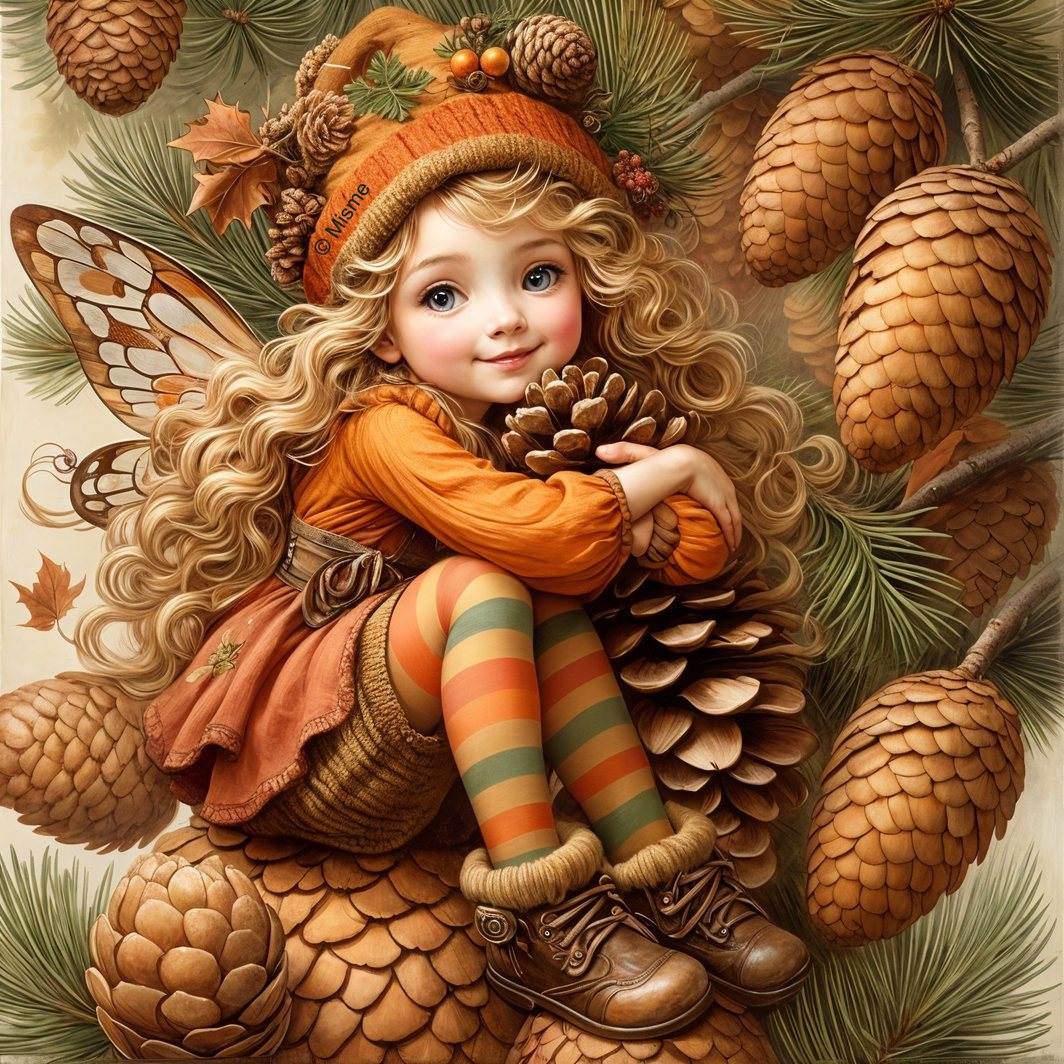 Whimsical Fairy Girl in Autumnal Pinecone Scene