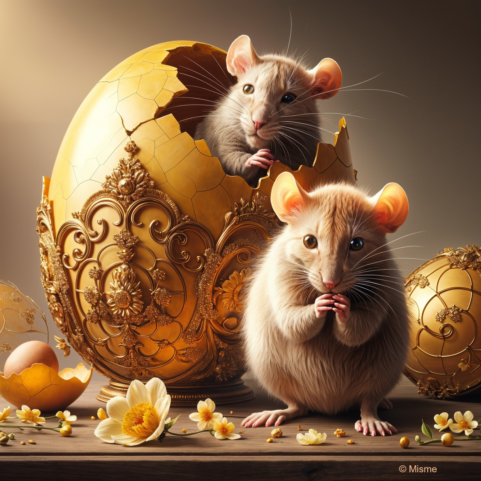Mice Emerging from a Cracked Golden Egg with Flowers