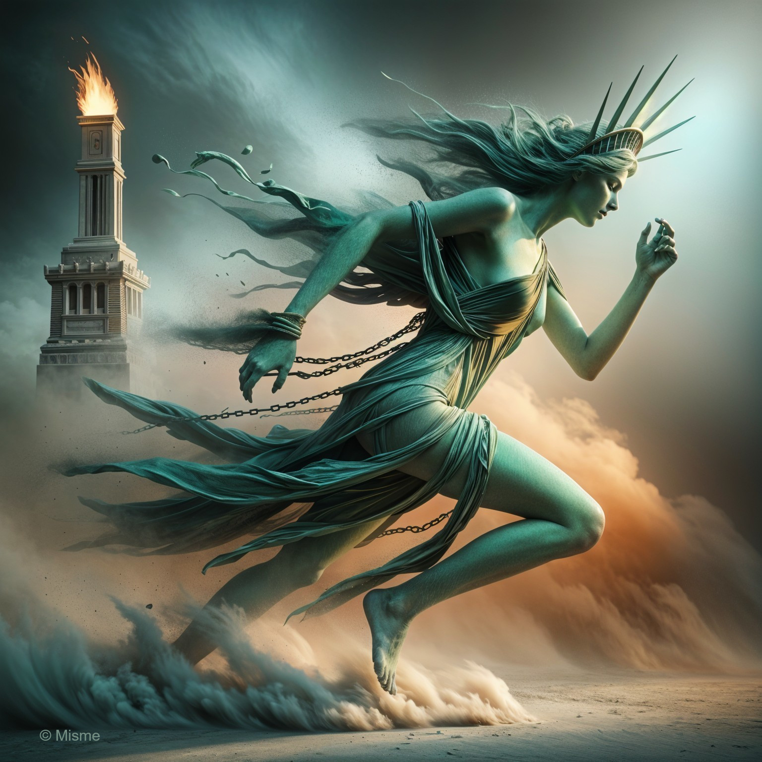 Ethereal Figure in Motion Through Sand and Mist