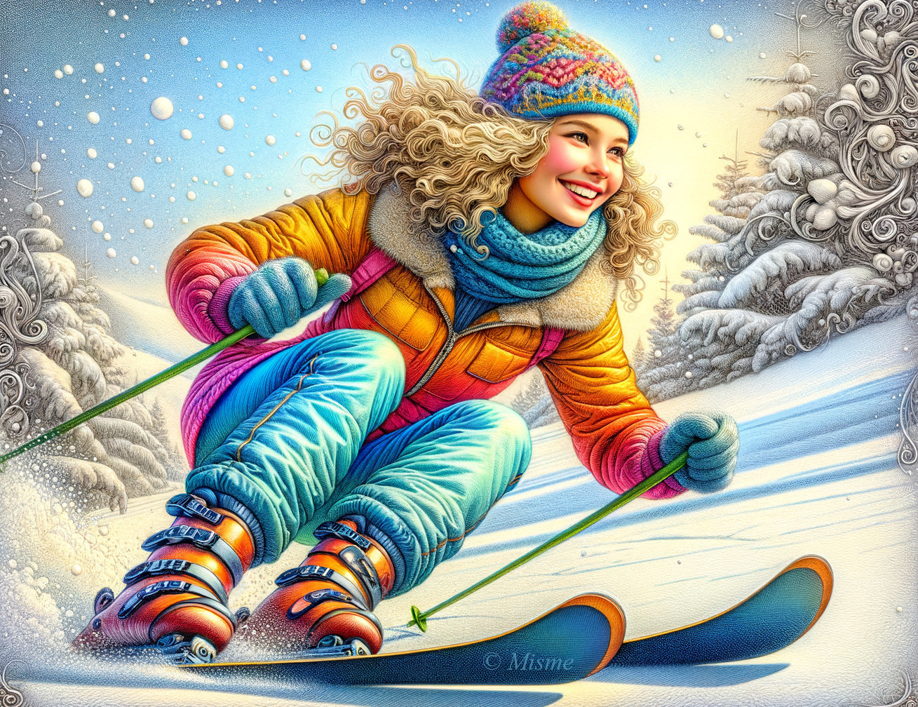 Joyful Woman Skiing in Colorful Winter Attire