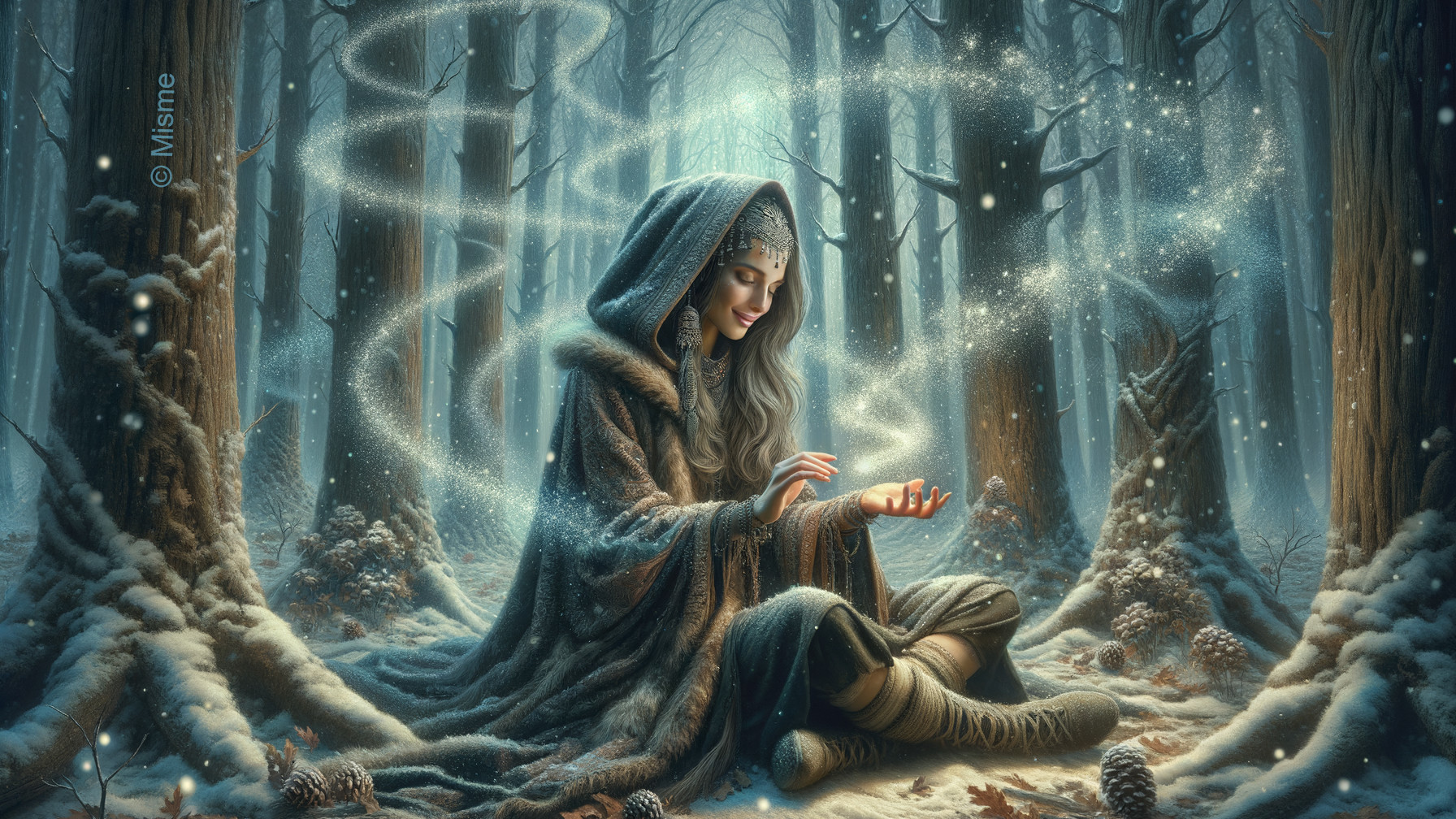 Mystical figure in snowy enchanted forest setting