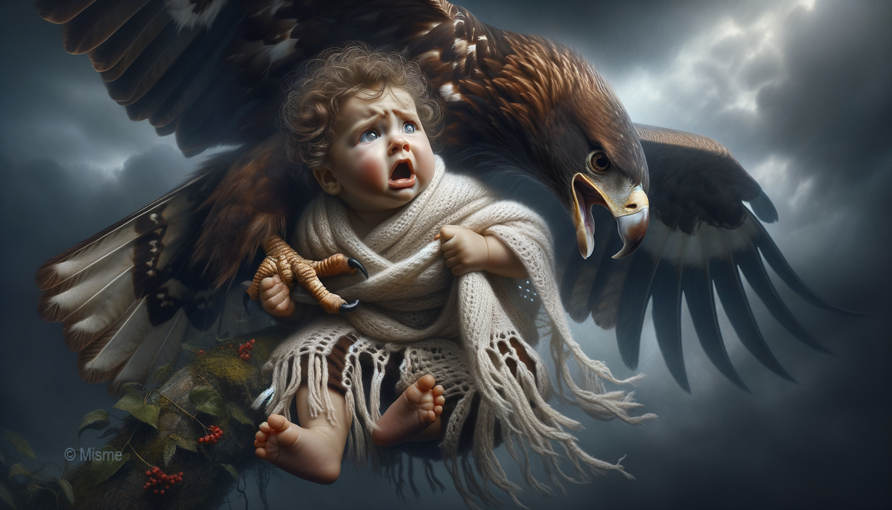 Child in Blanket Under Shadow of Eagle in Cloudy Sky