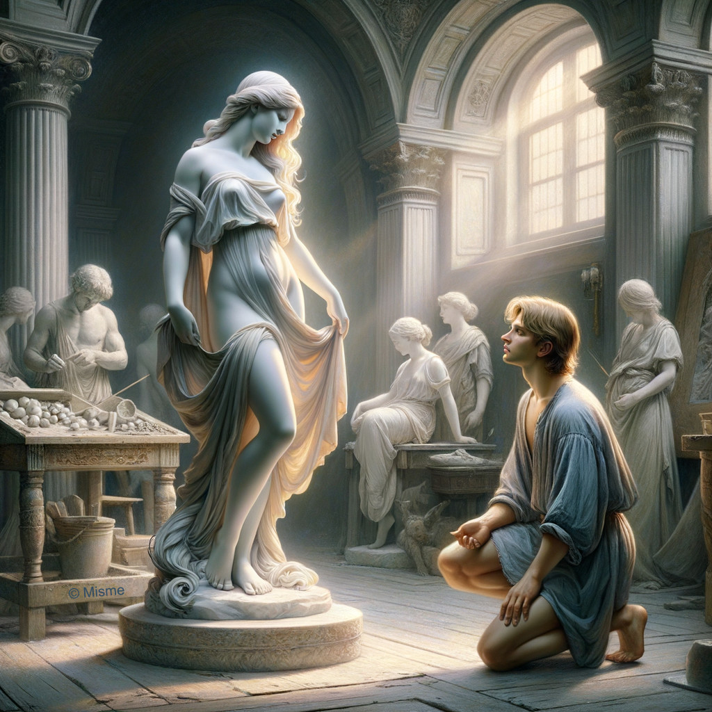 Young Man in Awe of Radiant Marble Statue in Studio
