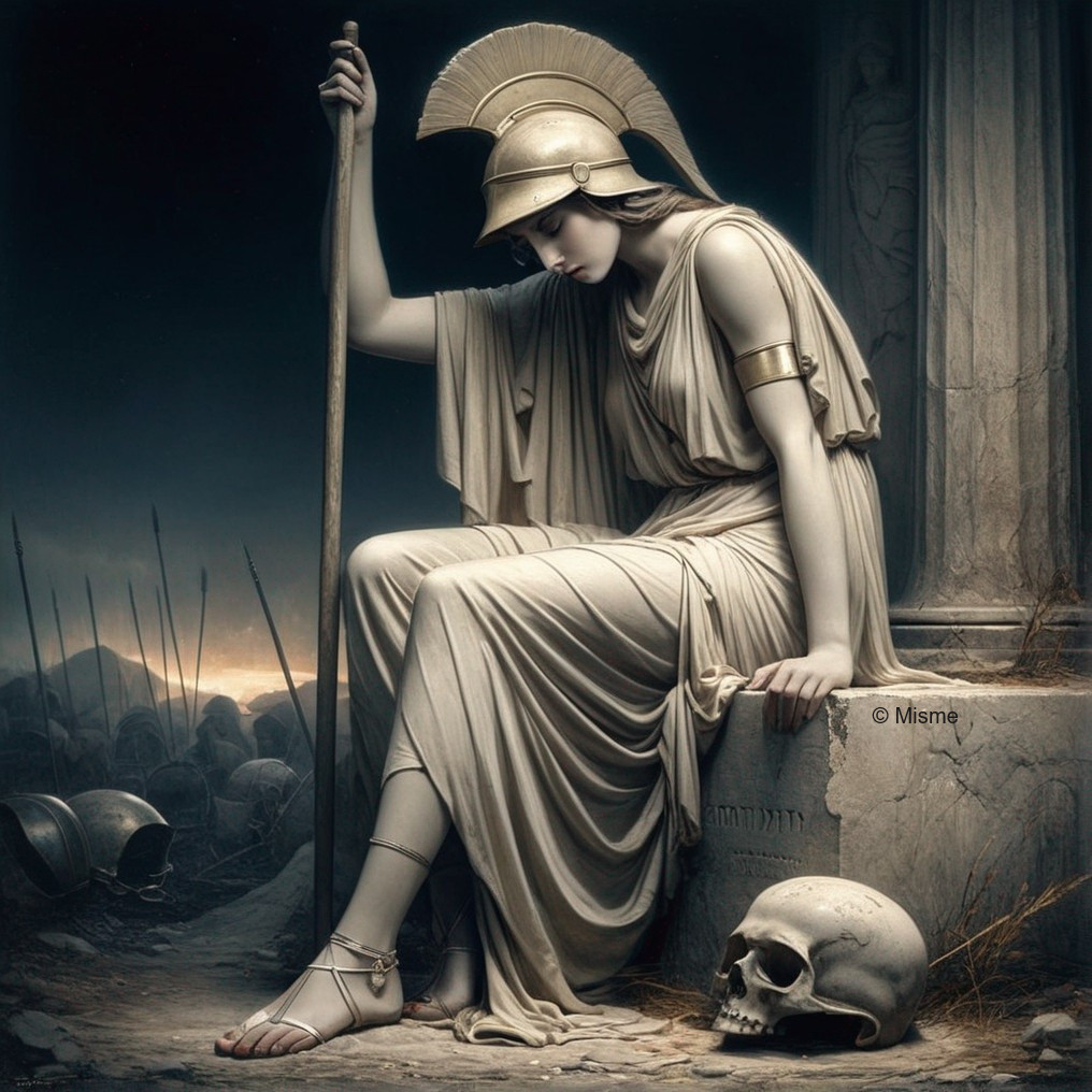 Sorrowful Warrior Woman in Ancient Armor at Twilight