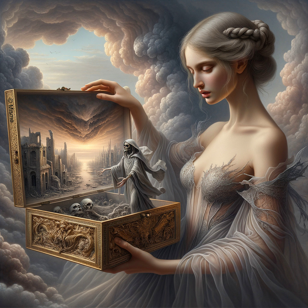 Ethereal Woman with Ornate Box Revealing Ruins and Skulls