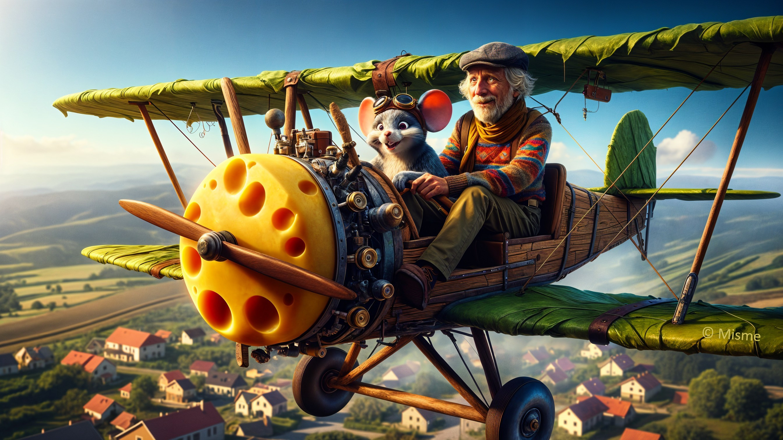 Elderly Man and Mouse in Whimsical Leaf Airplane