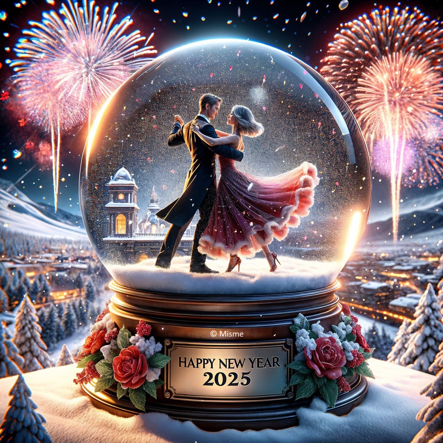Couple Dancing in Snow Globe with Winter Village Scene
