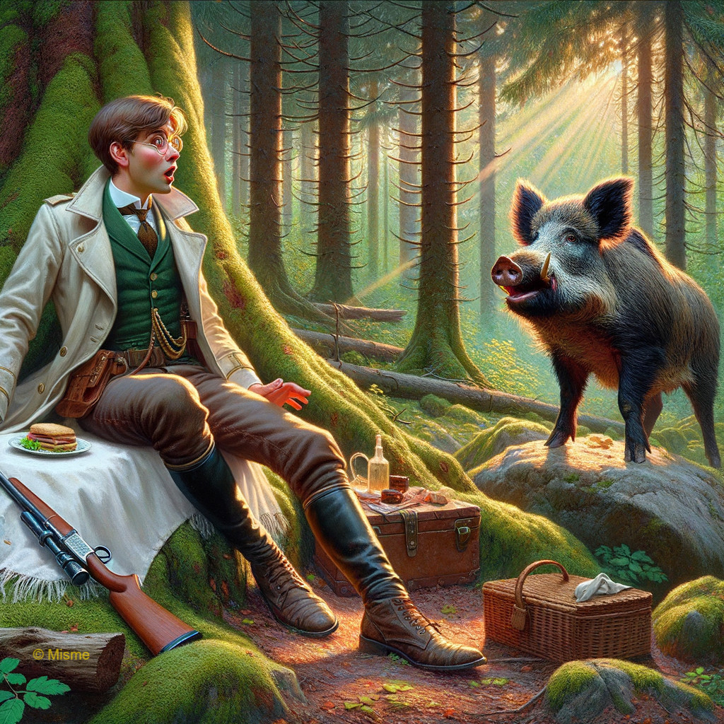 Victorian Hunter Surprised by Wild Boar in Forest