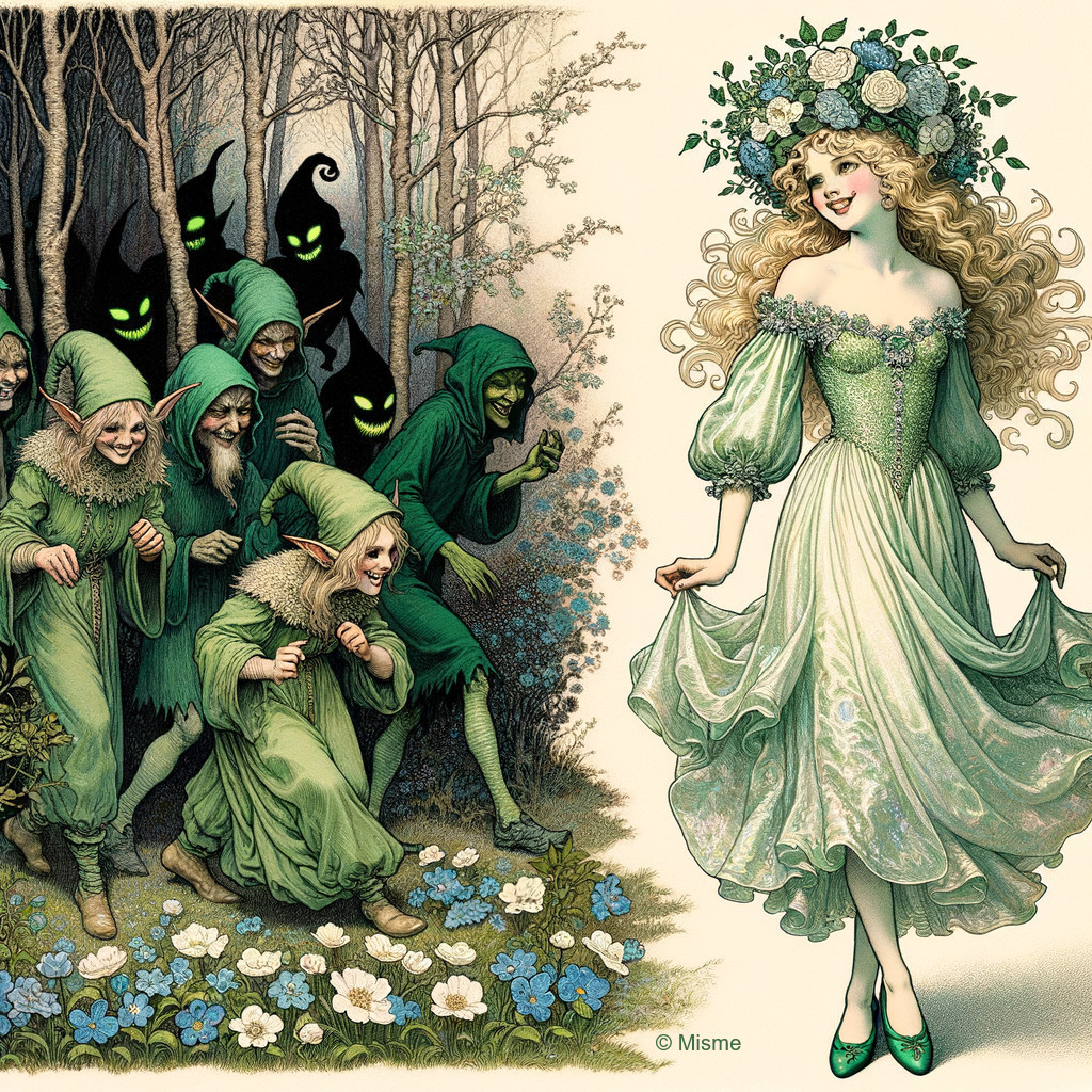 Whimsical Forest with Goblins and a Fairy Figure
