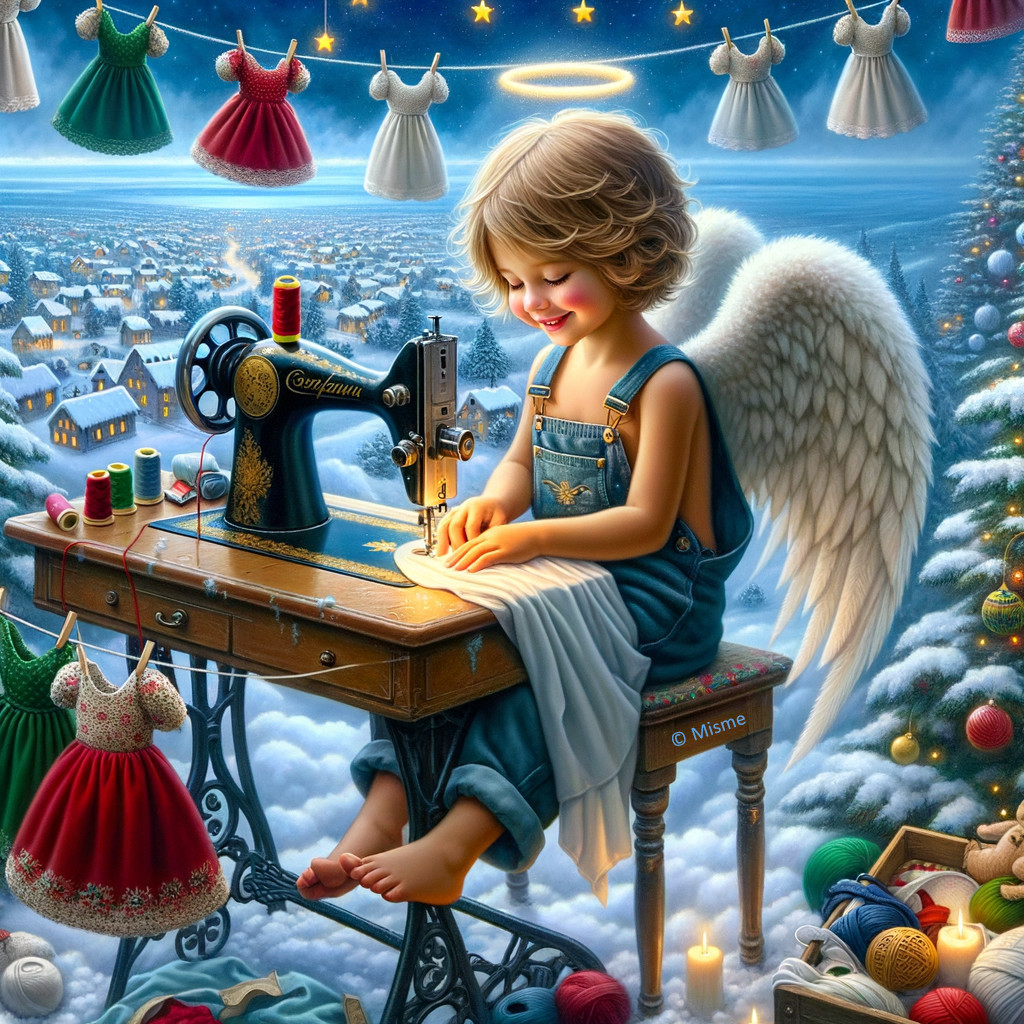 Child with angel wings sewing in a snowy village