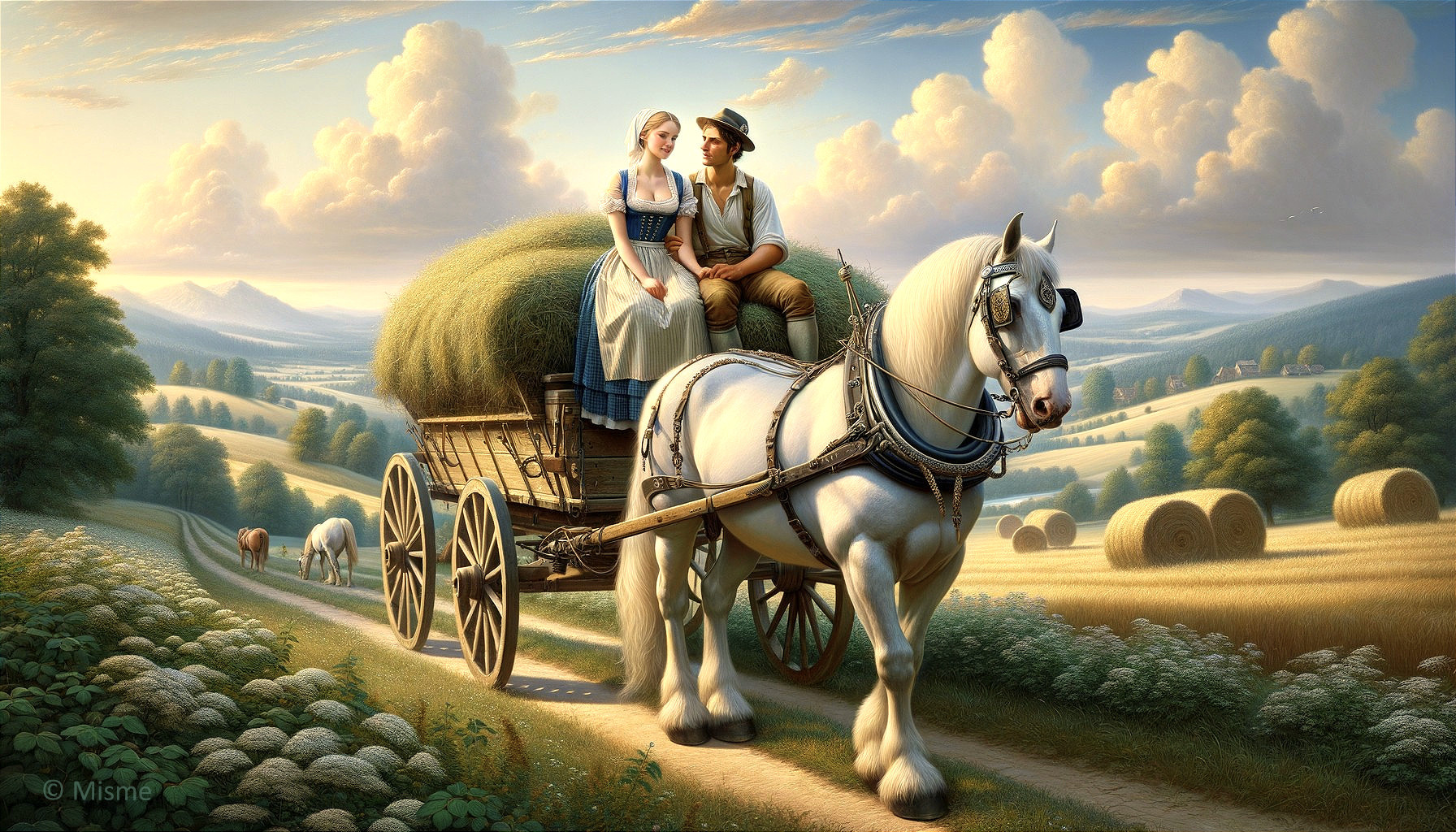 Horse-Drawn Cart in Serene Rural Landscape