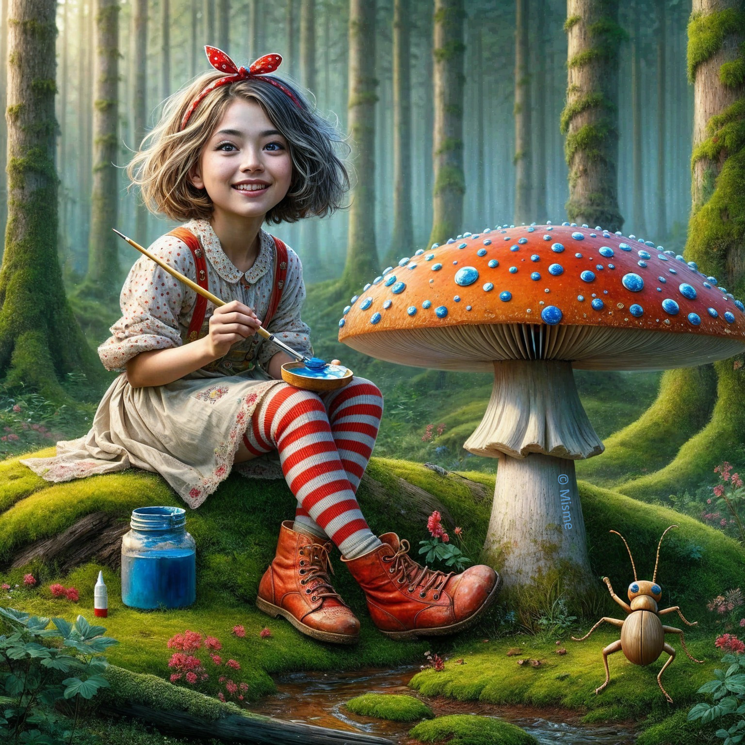 Young Girl Painting by a Colorful Mushroom in Forest