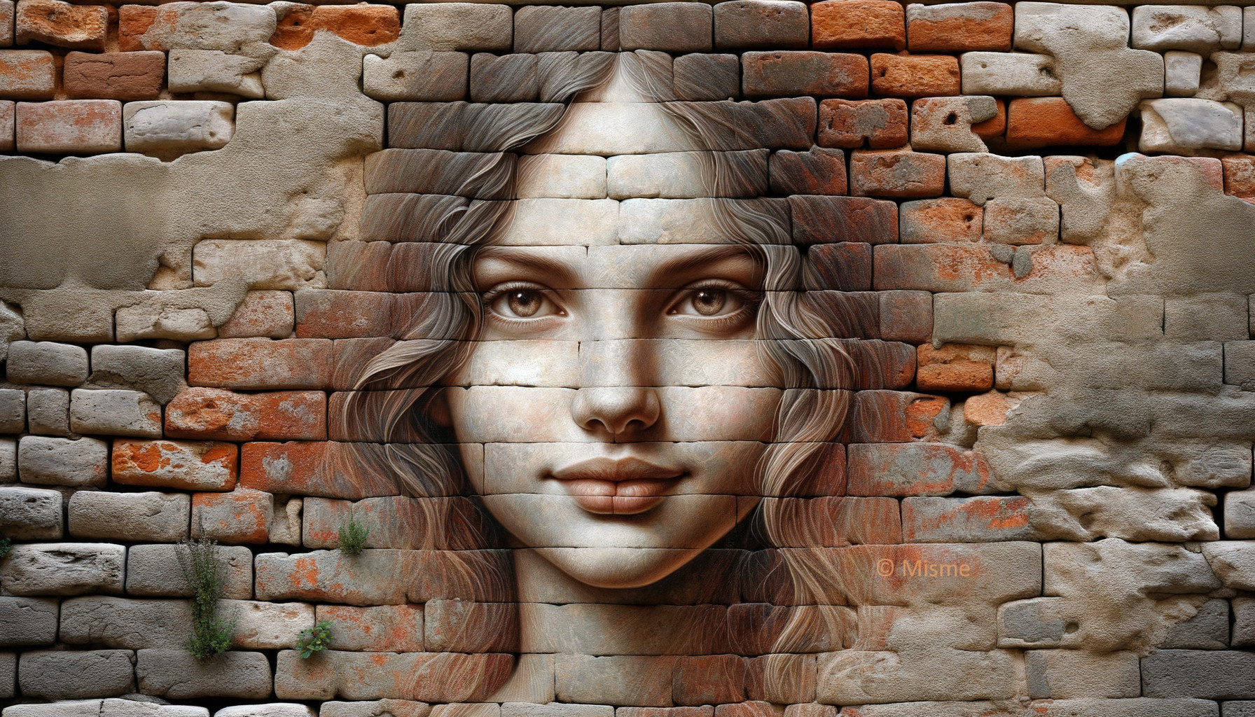 Mural of a woman's face on a textured brick wall