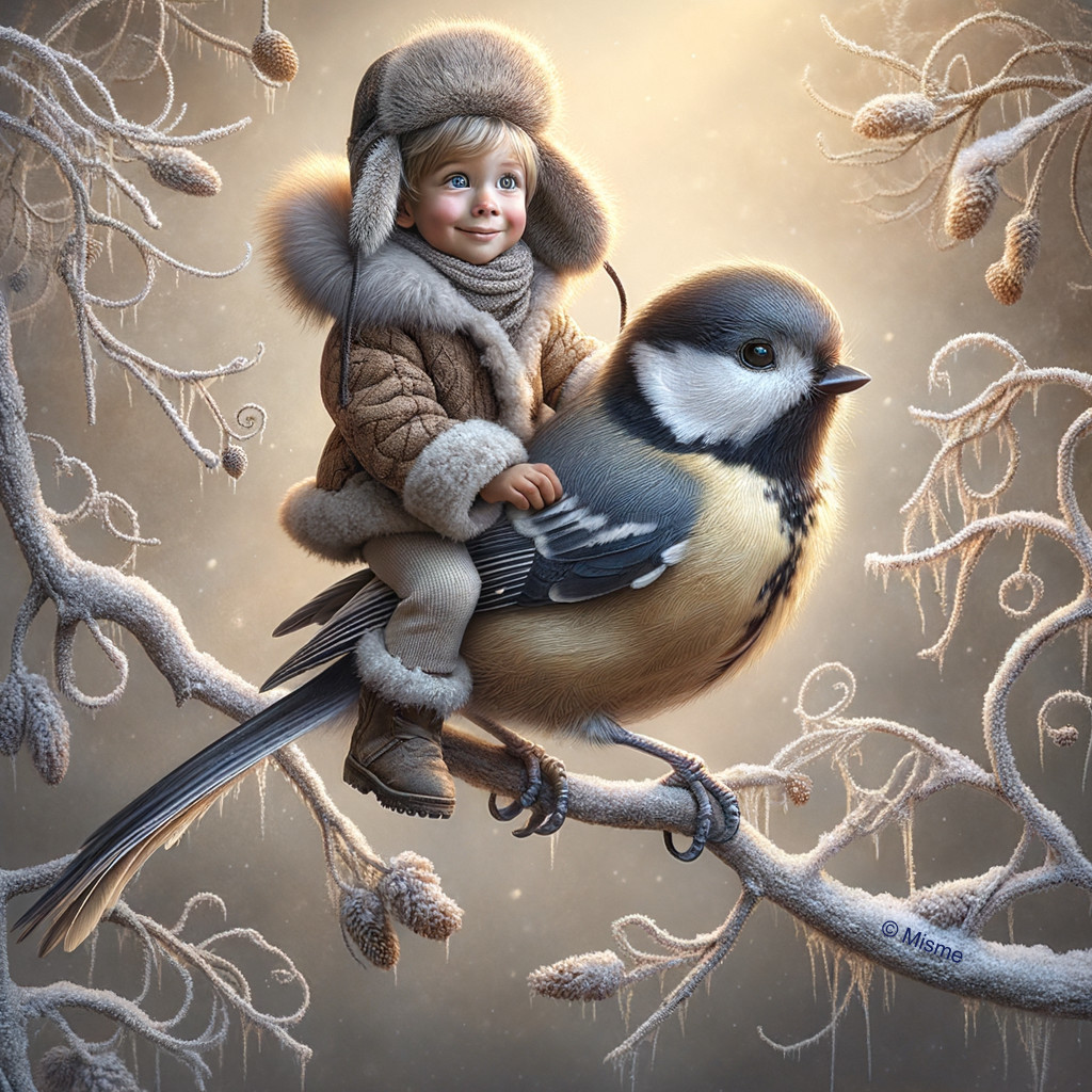 Child in winter attire riding a large bird in snow