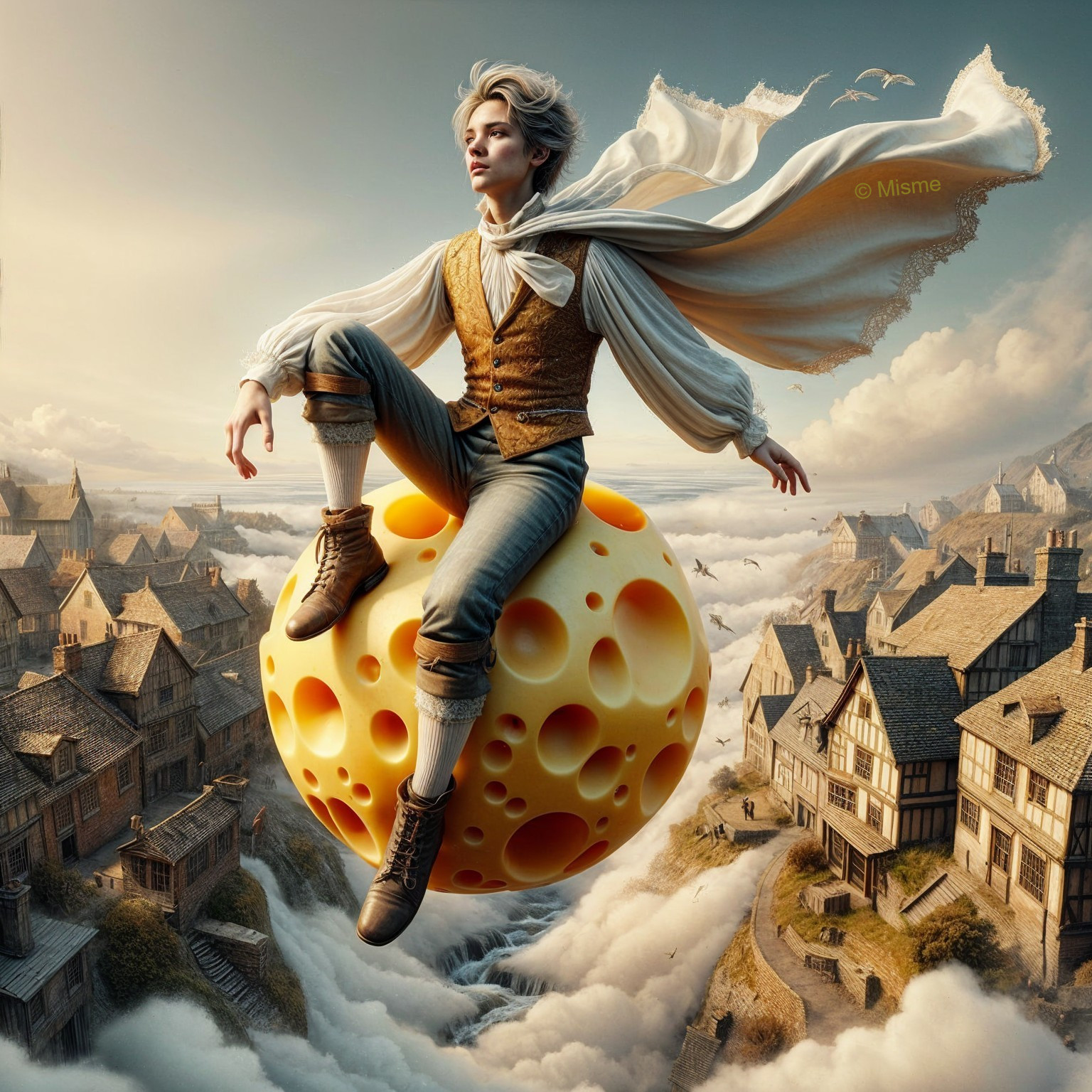 Whimsical Scene of a Young Man on a Cheese Moon