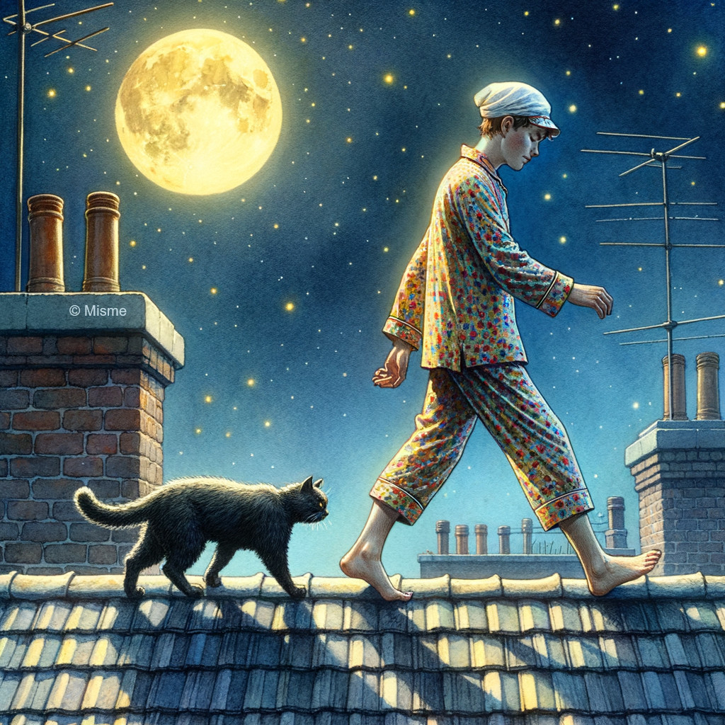 Person in pajamas walking on a rooftop at night