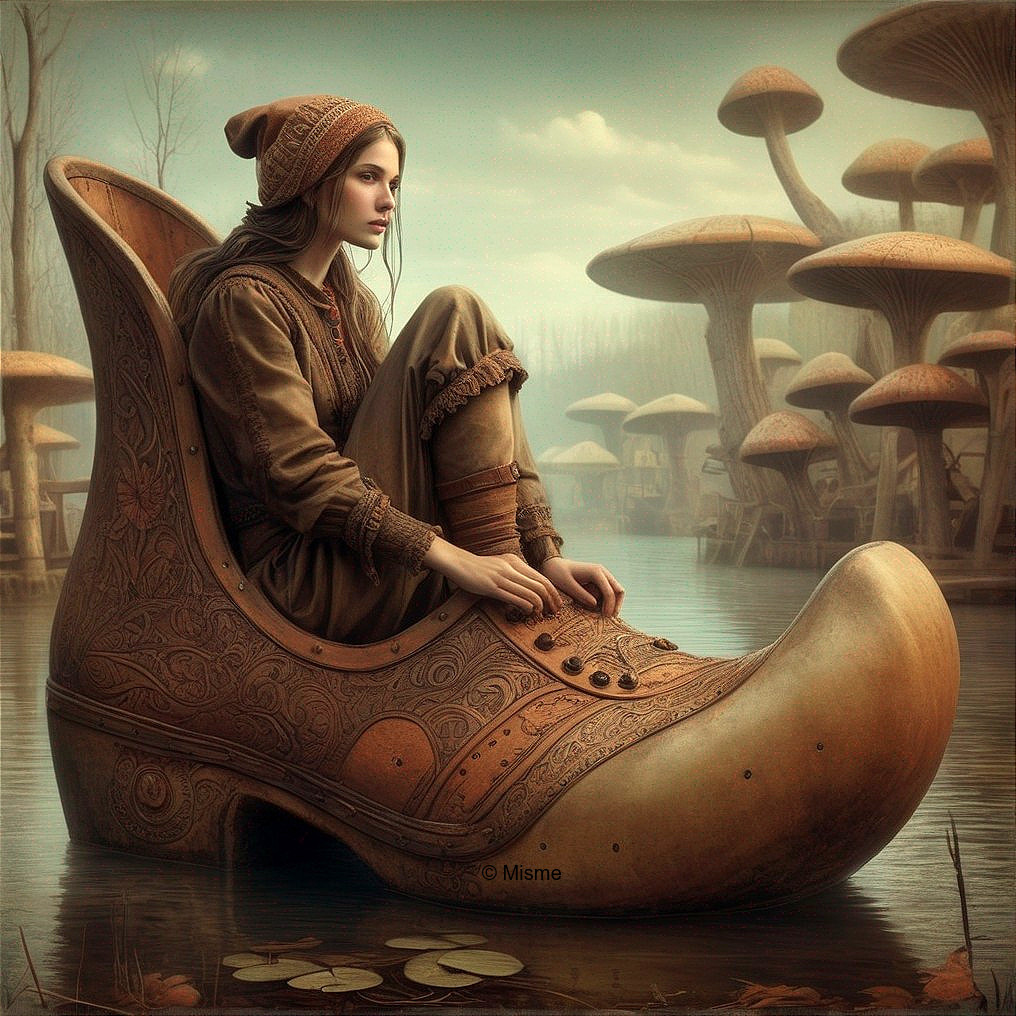 Young girl in a giant shoe in a mystical landscape