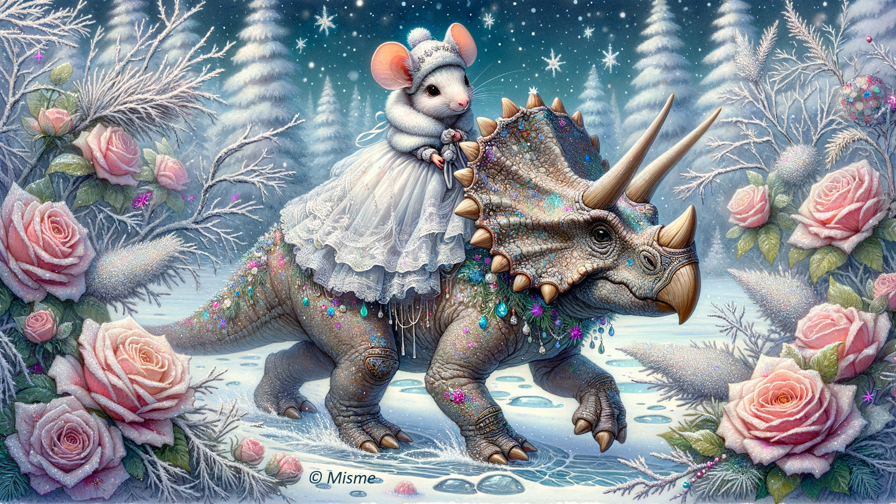 Whimsical Mouse in Gown Riding Colorful Triceratops
