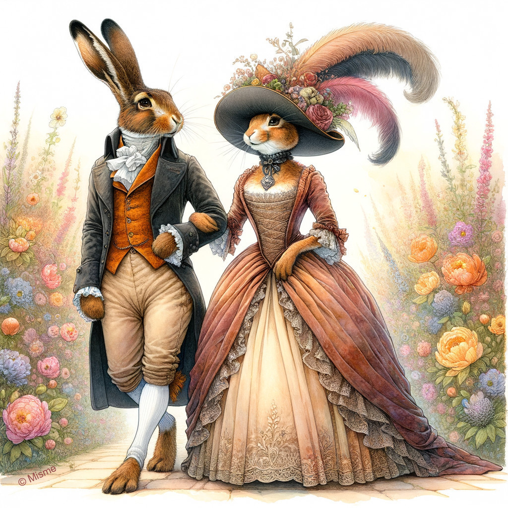 Elegant Rabbit Couple in a Vibrant Garden Illustration