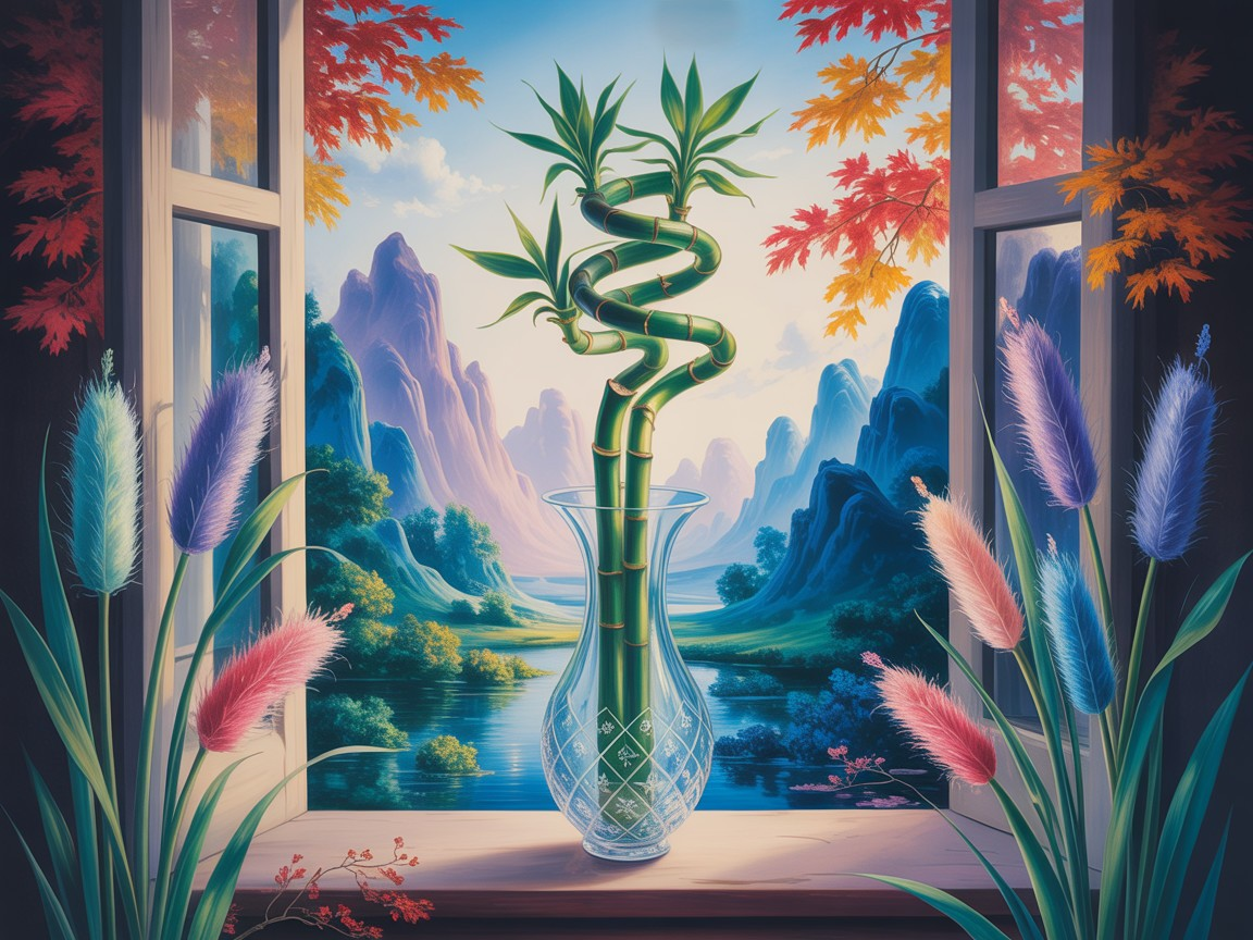 Serene Window Scene with Bamboo and Autumn Foliage