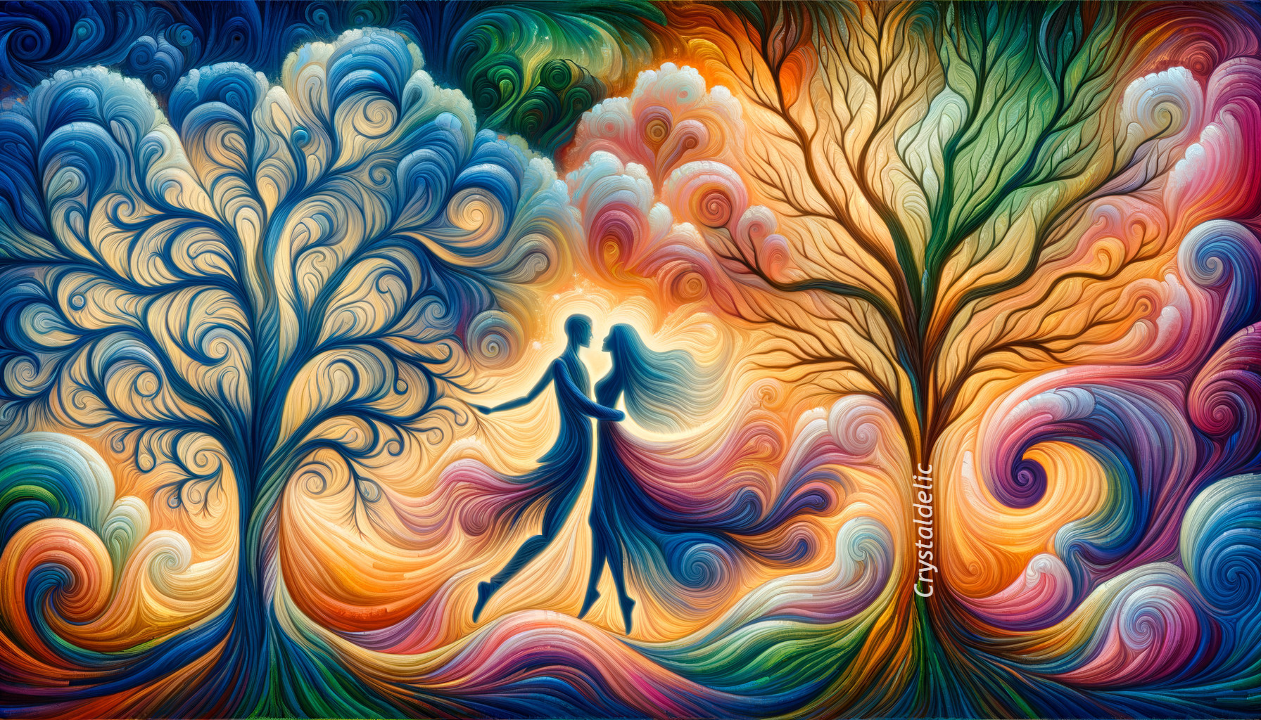 Colorful painting of two trees with swirling branches and a couple holding hands.
