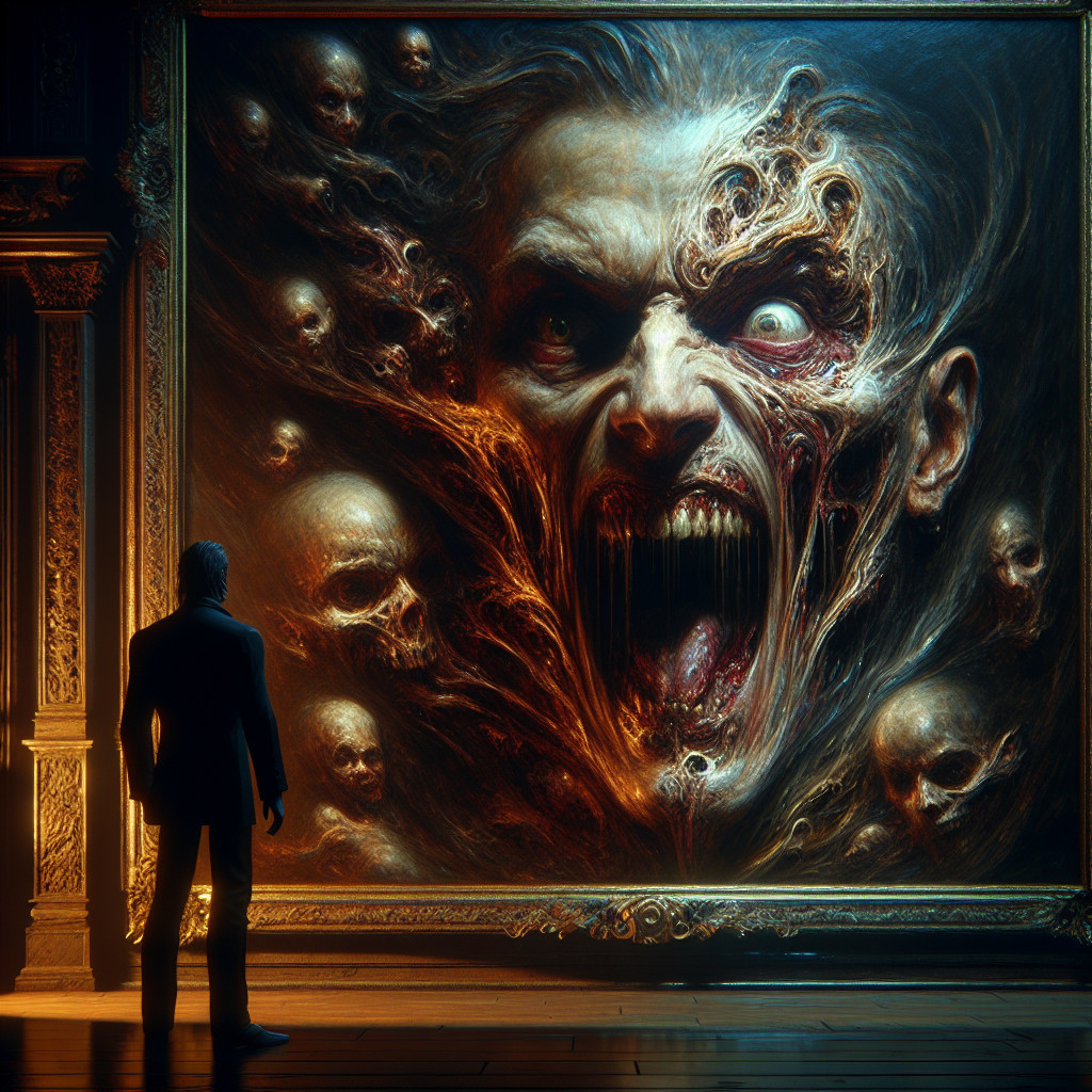 Formal Attire and Dark Grotesque Artwork Contrast